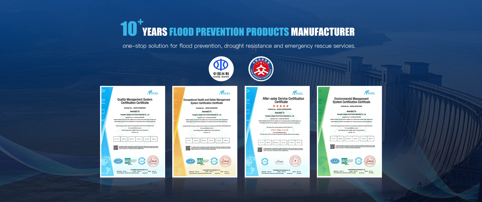 ʻO nā huahana pale wai Jianghe ISO 9001 a me ISO 14001 palapala hōʻoia a me nā palapala hōʻoia.
